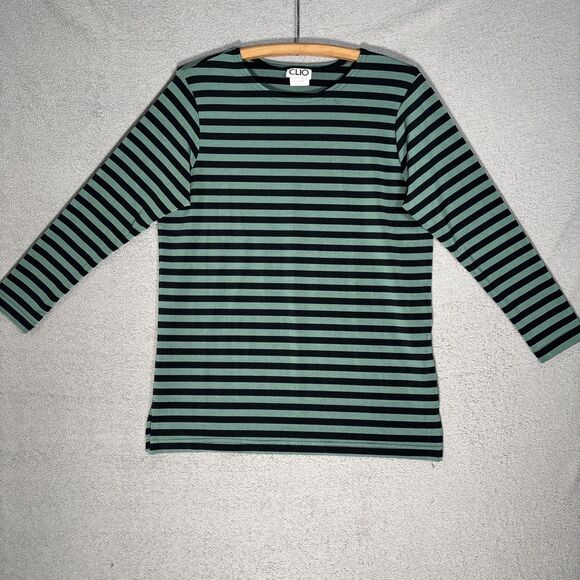 Vintage Clio Top Women’s Size M Green Black Stripes Coastal Nautical Heritage - Picture 1 of 15